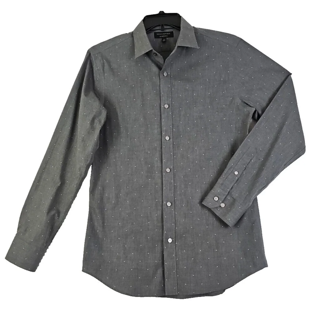 Banana Republic ~Men's Size M~Gray/Dots Non Iron Slim Fit Button-Up Shirt Cotton